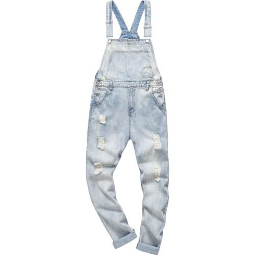 Mens Light Blue Snow Washed Ripped Denim Bib Overalls Plus Big Size Holes Distressed Jumpsuits Coveralls Jeans