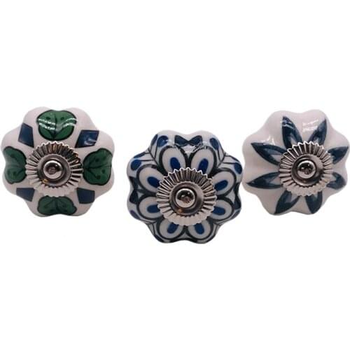 Set of 6 Vintage Color Leaf-Printing Ceramic Cupboard Cabinet Door Knobs Drawer Pulls & Chrome Hardware