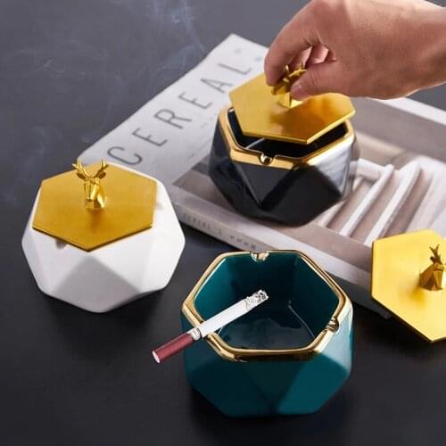 Nordic Creative Ceramics Hexagon Ashtray with Lid Living Room Home Decoration Accessories Portable Windproof Ashtray Gift