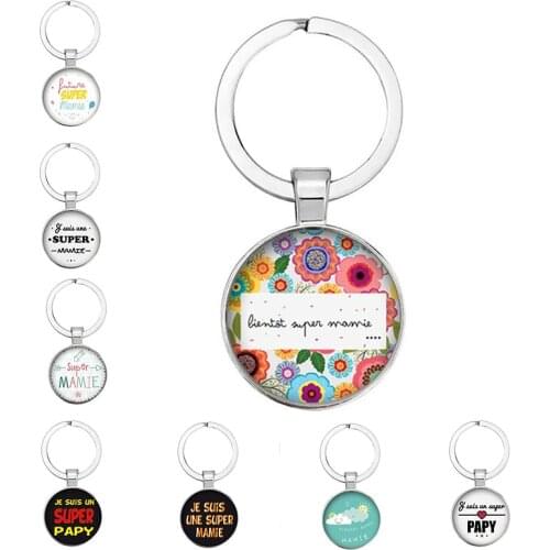 New Super Mami Pattern Keychain Round Glass Pendant Convex Super Papy Handmade Keyring Jewelry Mother Bag Charm Gift FatherS Da