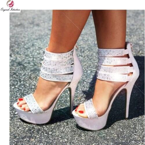 Original Intention Super Elegant Women Sandals Gorgeous Open Toe Rhinestone Thin Heels Sandals Pink Shoes Woman Plus Size 4-20