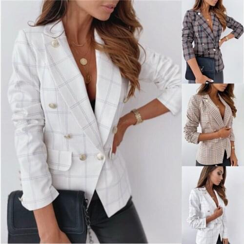 Autumn Winter Blazer With Metal Buckle Coat Double-breasted Small Suit Women Plaid Jacket Ladies Button Coat Office Lady Jackets