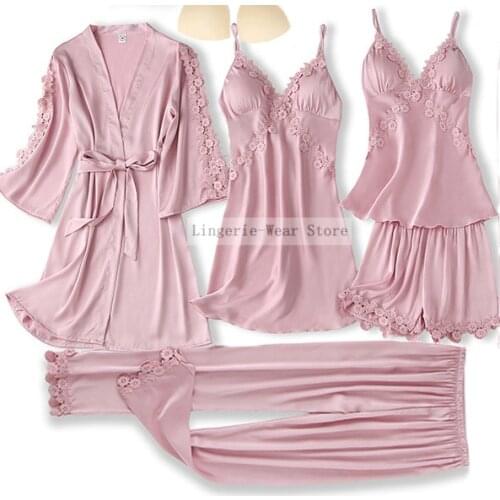 Pajamas Suit Hollw Out Satin 5PCS Pjs Sets For Women Sexy Sleepwear Pyjamas Summer Kimono Robe Gown Comfy Nightwear Lingerie