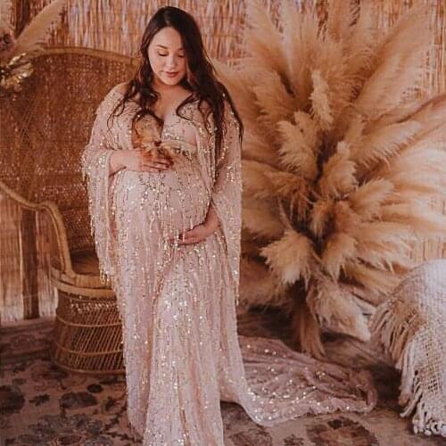 Photo Pregnancy Sequence Robe Tassels Maternity Dress Baby Shower Gift Boho Evening Gown Shooting Prom Women Photography Props