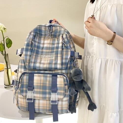 New Japanese Girl Plaid Backpack Fashion Waterproof Nylon Women Schoolbag Multi-pocket Travelling Bag for Ladies Cute Bookbag