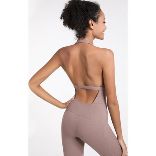 Backless Sexy Sport Yoga Set Fitness Jumpsuit For Women Gym Halter Running Training Workout Athletic Suit Removable Chest Pad