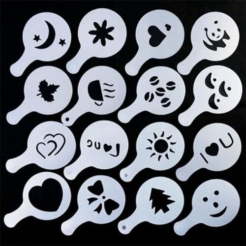 16Pcs Mold Coffee Milk Cake Cupcake Stencil Template Coffee Barista Cappuccino Template Strew Pad Duster Spray Tools