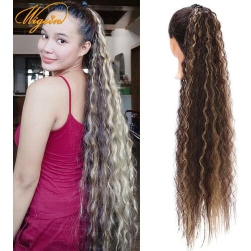 WIGSIN Synthetic Long Afro Kniky Curly Ponytail Drawstring Clip in Hair Extension Heat Resistant Brown Blond Hairpiece for Women