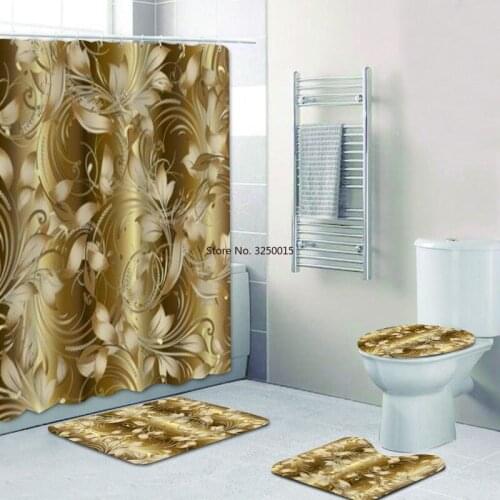 3D Home Decor Gift Floral Baroque Damask Gold Flowers Shower Curtain Set for Bathroom Luxury Golden Bath Curtain Mats Rug Toilet