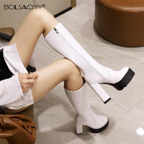 Patent Leather Platform Long Boots Gothic Black White Fashion Square Heel Knee High Boots Women Zipper Good Quality Botas mujer