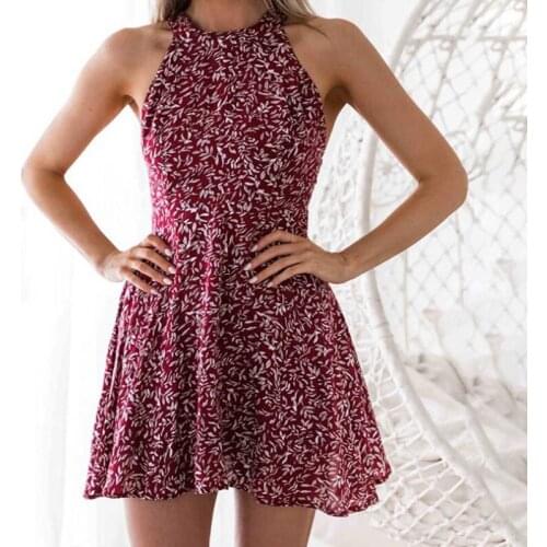 Womens Boho Beach Summer Holiday Sundress Halter Floral Mini Dress Ladies Slim Sleeveless Vestido Playa