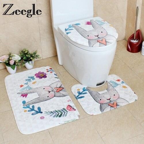 Zeegle 3Pcs Bathroom Bath Mat Cartoon Shower Carpet Absorbent Mat for Toilet Lid Cover Foot Pad Non-slip Bathroom Rug