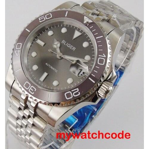 40mm Bliger Grey Dial Date Mechanical Watches Men Japan 24 Jewels NH35A Movement Automatic Mens Watches Relogio Masculino