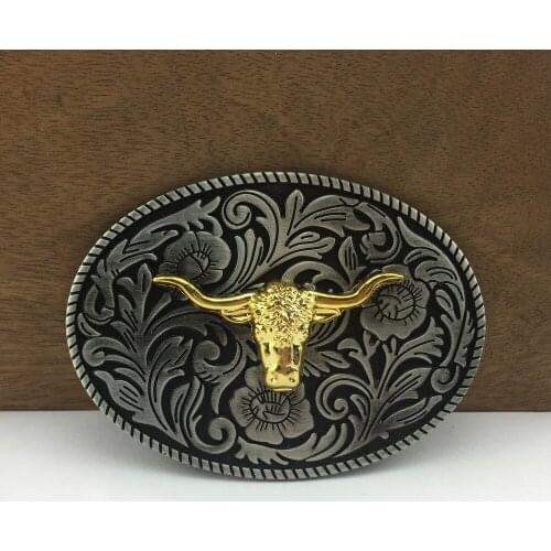 BuckleClub wholesale WESTERN flower bull head jeans gift belt buckle for men FP-03713 pewter finish 4cm width loop