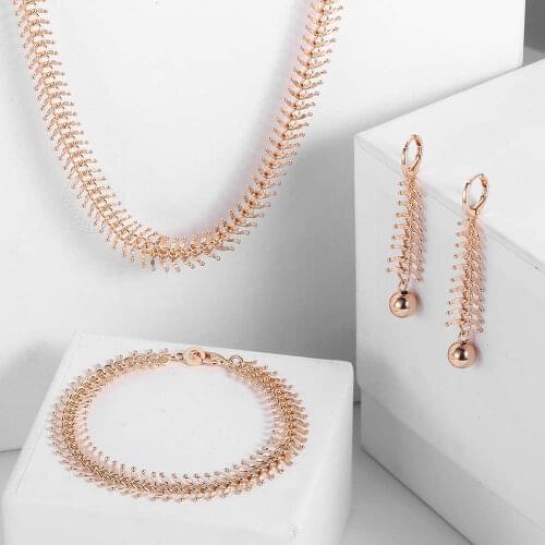 Davieslee Centipede Link Chain Jewelry Set For Women 585 Rose Gold Necklace Bracelet Earrings Woman Dropshipping 10/14mm LCSM01