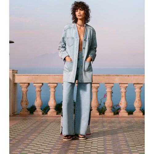 Vintage Patches Scarf Washed Denim Cotton Long Jacket/Wide-Leg Pant Set Chic Metal Single Breasted Coat/High Waist Jean Culottes