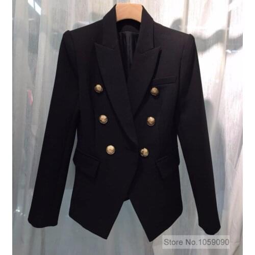 [ElfStyle] - Brand Classic Black Twill Double Breasted Blazer With GOLD Embossed Button up Long Sleeved Blazers For Woman