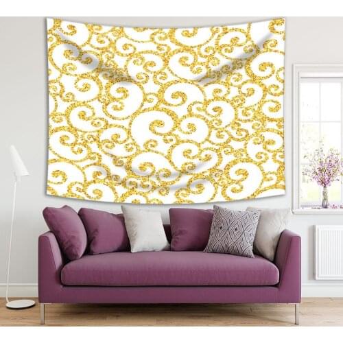 Tapestry Gold Filigree Swirl Pattern on White Background Vintage Floral Ornament Decorative Artwork