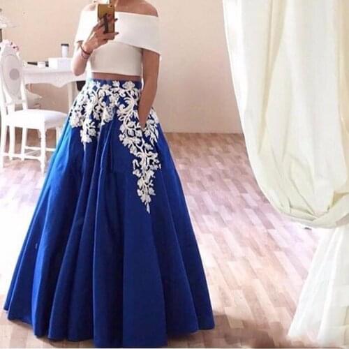 Two Piece Prom Dresses Boat Neck Satin Arabic Evening Dresses Elegant Royal Blue Party Gown Robe De Soiree