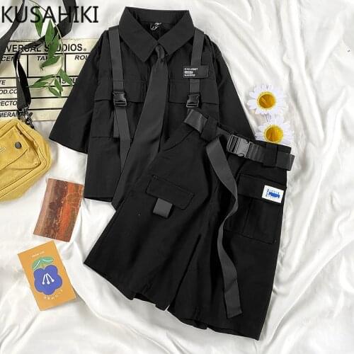 KUSAHIKI Tracksuit Women Safari Style 2pieces Suits Short Sleeve Ribbon Blouses + Belt High Waist Half Pants 2021 New Sets 6F450