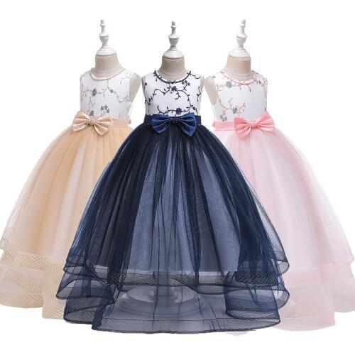 Lace Flower Embroidered Mesh Tutu Wedding Dress for Girls Teenager Gowns Party Bridesmaid Baby Bow Dresses 12 Years LP-223