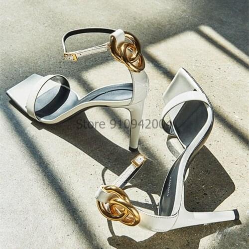 Summer Thin High Heels Womens Shoes Fashion Sexy Metal Chain Decoration Ankle Strap Sexy White Black Sandals