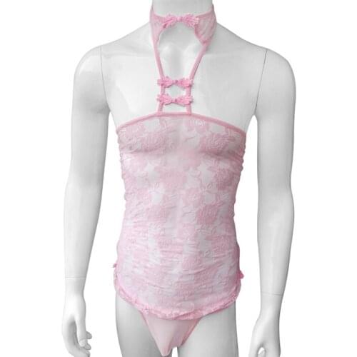 Hot Sexy Sissy Babydoll Chinese Cheongsam Lace up Back Exotic Costumes Sexy Gay Mens Lingerie Set Exotic Apparel With Thong