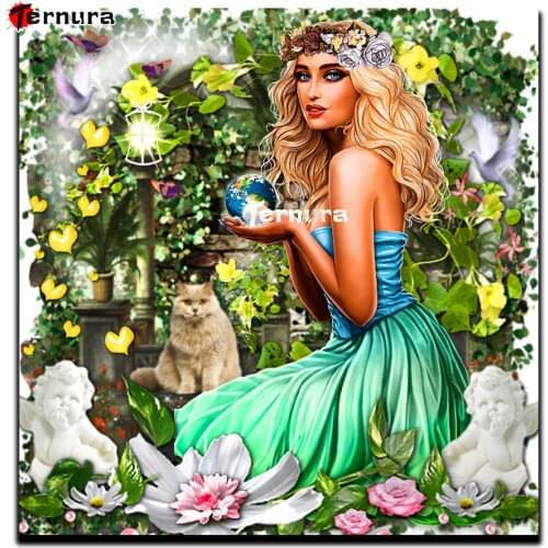 Fantasy girl holding the earth DIY Diamond Painting Cross Stitch Kits Home Decor Diamond Embroidery Flower Fairy Cat Needlework