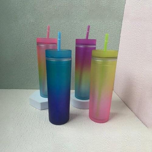 2021 New 16oz Gradient Rainbow Color Water Cup Straight SKINNY Double Layer Plastic Straw Cup Water Bottle Kitchen Drinkware