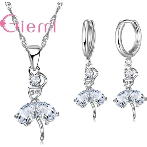 Charming Dancing Girl CZ Zircon Jewelry Sets 925 Sterling Silver AAA+ Top Grade Pendant Necklace Huggie Earrings Gifts