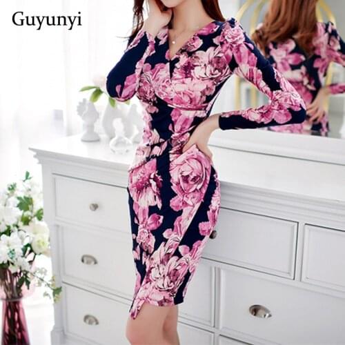 OL temperament office dress 2019 spring new sexy V-neck long-sleeved flower slim dress female asymmetric clothing