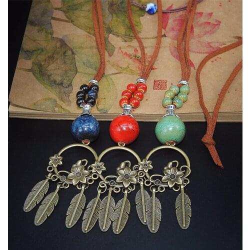 12 Pieces/Lot Charm Necklace Women Ceramic Beads Strand Necklaces Vintage Leaf Feather Tassel Bead Choker Ethnic Jewelry Men