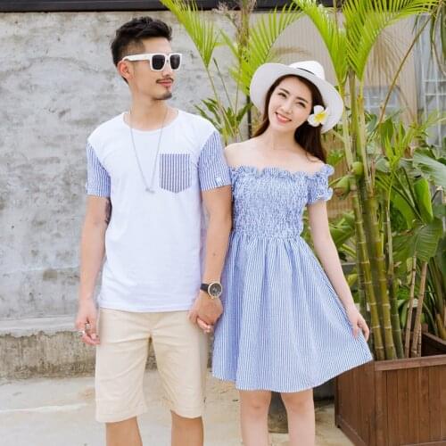 Korean couple clothing tshirts college fashion style pair lovers women blue summer beach dress matching clothes outfit wear 31