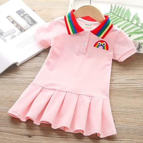 Dresses for Girls 2020 Summer New Style Outfits Rainbow Turn-down Collar Short Sleeve Birthday Party Pleated Skirt Baby Girls