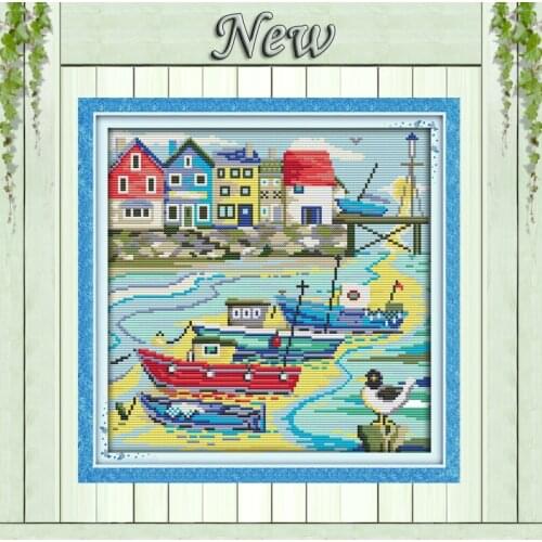 Seaside city Love harbor beach painting Counted printed on fabric DMC 14CT 11CT DIY Cross Stitch Needlework kits Embroidery Sets