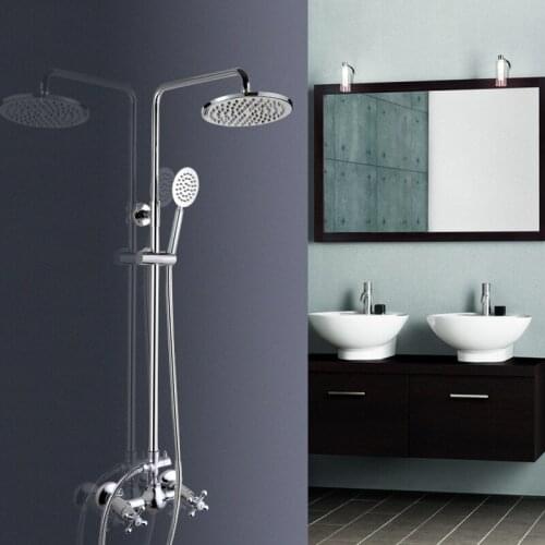 Polished Chrome Brass Dual Cross Handles Wall Mounted Bathroom 8" Round Rain Shower Head Faucet Set Bath Mixer Taps mcy307