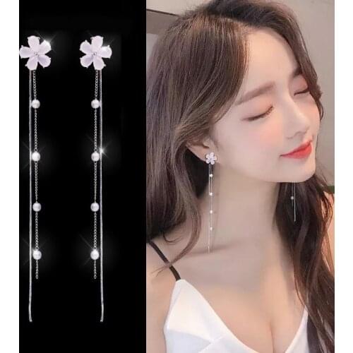 Silver Plated Temperament Flower Earrings Dangle Hanging Pearl Rhinestone Long Drop Earrings For Women Pearl Snake Chain Tassel