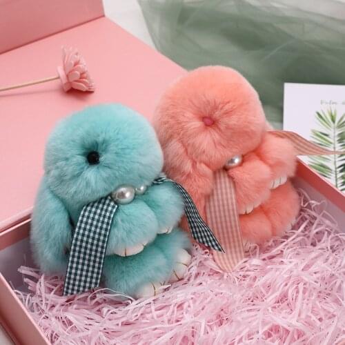 Fluffy Fur Rabbit Keychain For Women Cute Girls Pompon Bowkbot Pearl Bunny Key Chain On Bag Car Trinket Wedding Party Toys Gift
