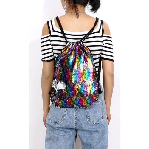Sequin Drawstring Bags Reversible Sequin Backpack Glittering Shoulder Bags for Girls Women B88