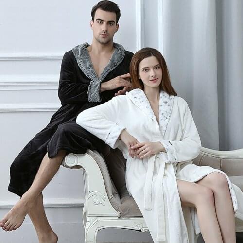 Men Women fur Neck Thick Flannel Warm Long Bathrobe Male Winter Kimono Bath Robe Mens Dressing Gown Fleece Thermal Nightgowns