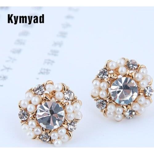 Kymyad Crystal Flower Stud Earrings Fashion Gold Color Womens Earrings Imitation Pearl Jewelry Wedding Bridal Party Jewelry Gift