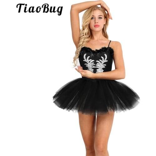 TiaoBug Women Ballet Tutu Leotard Dress White Black Swan Costume Ballet Leotards Adult Sleeveless Sequined Stage Dance Costumes