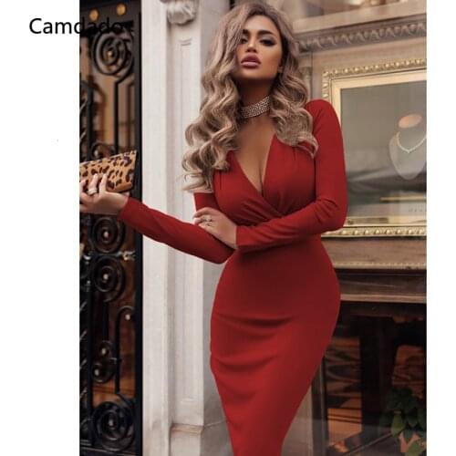Women Dress Autumn Casual Solid Color Long Sleeve Elegant Office Lady Dress Sexy Deep V Neck Bodycon Pencil Party Dresses Winter