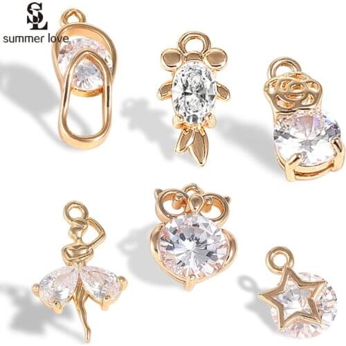 10PCS/Lot Shining Crystal Zircon Pendants Charms Small Owl Star Flower Charm for Jewelry DIY Making Necklace Accessories