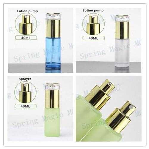 40ML Blue/Green/Frosted Glass Bottle With Gold Pump/Sprayer 24K Gold Lid,40g Skin Care Container,Perfume/Lotion/Foundation Vials