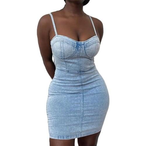 75% Hot Sales!!! Women Sexy Solid Color Spaghetti Straps Waist Tight Bodycon Mini Denim Dress