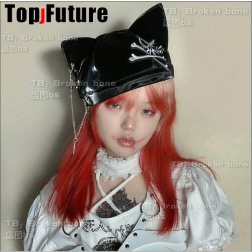 Harajuku Punk Cute Cat Ear PU Black Berets Hat Gothic Skull Rivet Chain Bucket Hat New Chic Design Streetwear