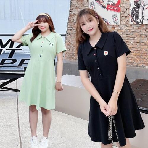 Big Dress 2021 Summer New Solid Color Buckle Preppy Style Student Fat Girls Womens Dress Polo Neck Clothes
