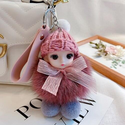 Cute Rabbit Fur Big-eyed Baby Keychain Fur Ball Plush Key Chain Key Ring for Women Men Bag Pendant Car Key Holder Toys Kids Gift