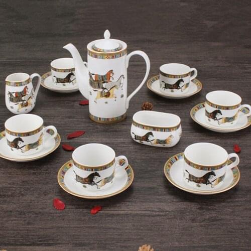 Bone Porcelain Horse Coffee Mugs Dish Cups Tea Milk Sugar Pot Set (15pcs)